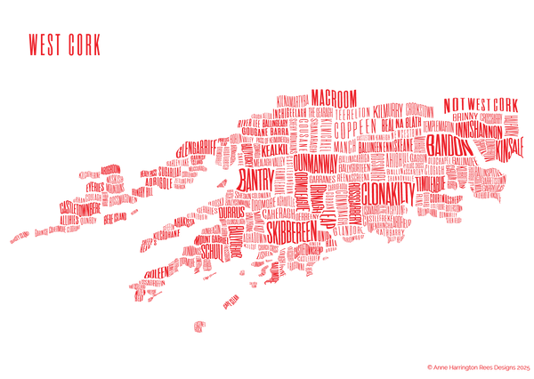 West Cork placename map in red ink, designed by Anne Harrington Rees