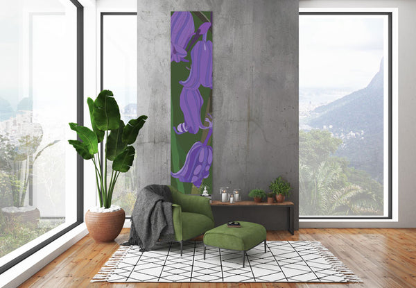 Bluebell wall hanging designed by Anne Harrington Rees, shown hanging in a room.