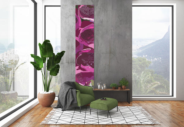 Foxglove wall hanging designed by Anne Harrington Rees, shown hanging on a wall in a room.