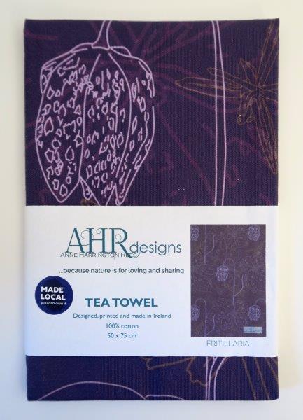 Fritillaria tea towel label front. Designed by Anne Harrington Rees. Designed, printed and made in Ireland.