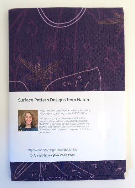 Fritillaria tea towel label reverse. Designed by Anne Harrington Rees. Designed, printed and made in Ireland.