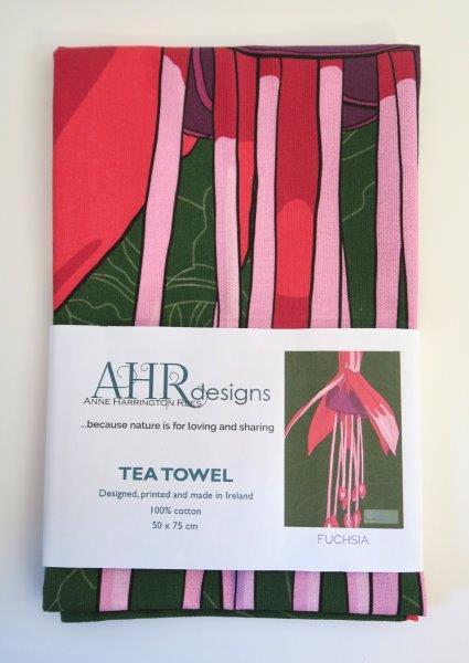 Fuchsia tea towel label front. Designed by Anne Harrington Rees. Designed, printed and made in Ireland.