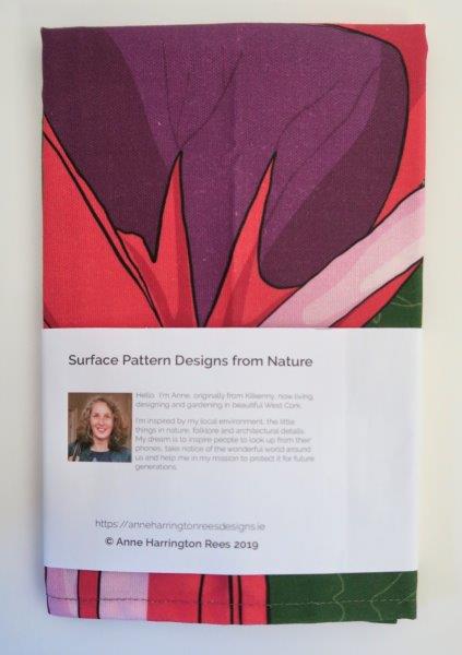 Fuchsia tea towel label reverse. Designed by Anne Harrington Rees. Designed, printed and made in Ireland.