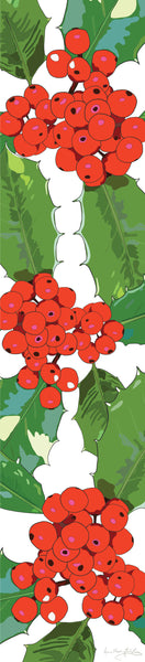 Holly table runner designed by Anne Harrington Rees, featuring red berries and spiny green leaves on a white background.