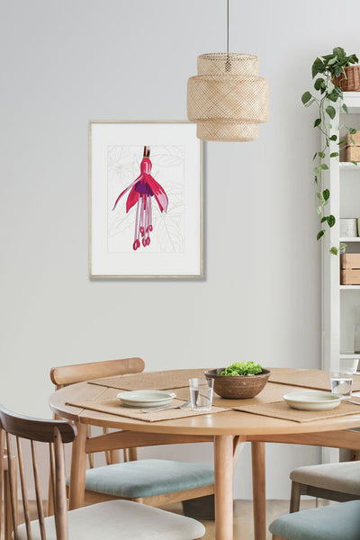 Fuchsia, Off-white background, Art Print, mounted and framed, hanging on a wall. Designed by Anne Harrington Rees. Designed, printed and made in Ireland.