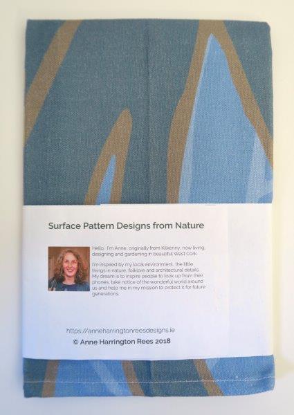 Kelp tea towel label reverse. Designed by Anne Harrington Rees. Designed, printed and made in Ireland.