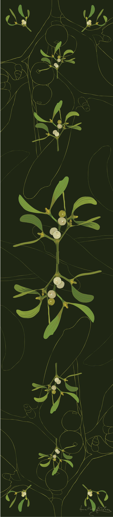 Mistletoe table runner designed by Anne Harrington Rees.  Symmetrical design of leaves and berries on a dark green background.