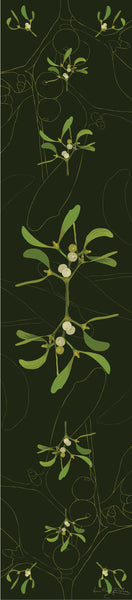 Mistletoe table runner designed by Anne Harrington Rees.  Symmetrical design of leaves and berries on a dark green background.