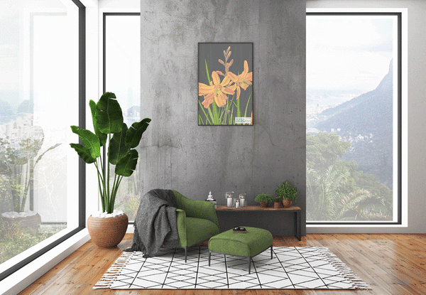 Colourful gift – Orange, Pink, Green and Grey Montbretia flower design tea towel, framed as wall art. Designed by Anne Harrington Rees. Designed, printed and made in Ireland.