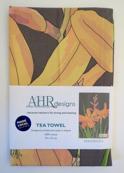Montbretia tea towel label front. Designed by Anne Harrington Rees. Designed, printed and made in Ireland.