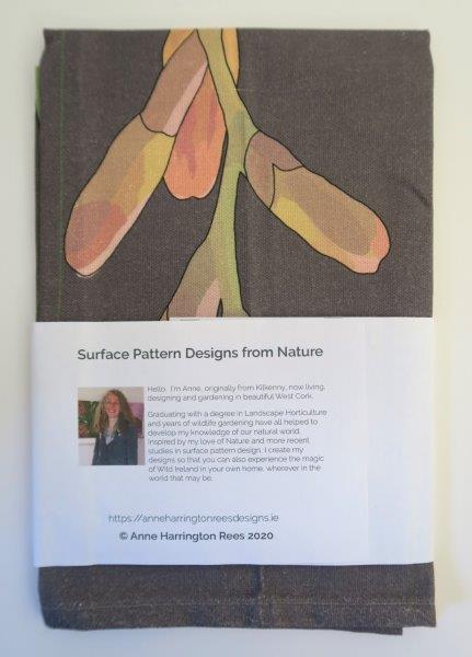 Montbretia tea towel label reverse. Designed by Anne Harrington Rees. Designed, printed and made in Ireland.