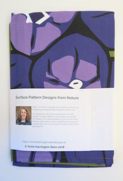 Muscari tea towel label reverse. Designed by Anne Harrington Rees. Designed, printed and made in Ireland.