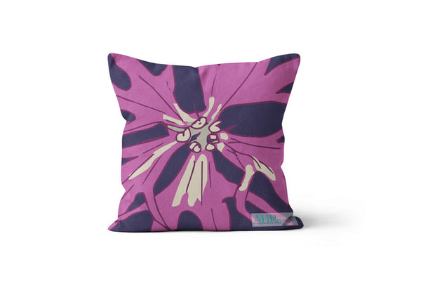 Colourful gift - Pink, Cream and Navy Ragged Robin flower design cushion on white background. Designed by Anne Harrington Rees. Designed, printed and made in Ireland.