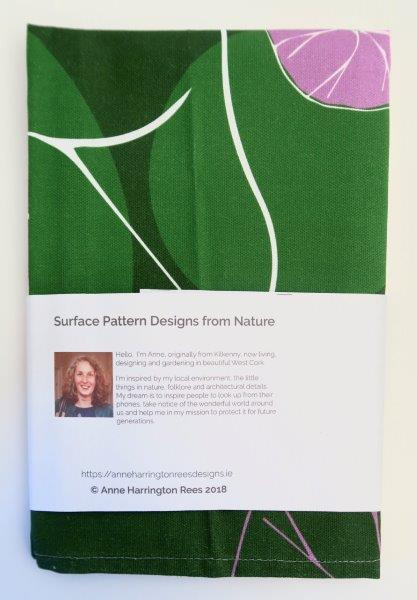 Sea Bindweed tea towel label reverse. Designed by Anne Harrington Rees. Designed, printed and made in Ireland.