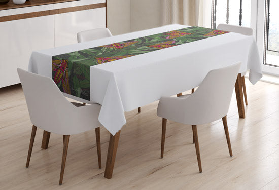 Willowherb Moths table runner on a white tablecloth, designed by Anne Harrington Rees. Designed, printed and made in Ireland.