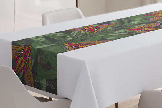 Close-up of Willowherb Moths table runner, designed by Anne Harrington Rees. Designed, printed and made in Ireland.