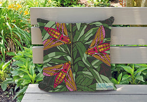 Colourful gift – Green, Pink, Mustard, Yellow, White and Brown Willowherb Moths design cushion on garden bench.