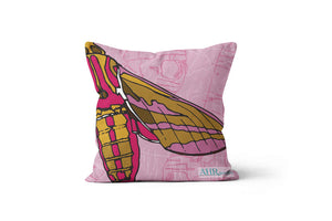 Colourful gift - Pink, Mustard, Yellow, White and Brown Elephant Hawk Moth design cushion on white background.
