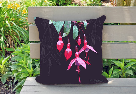 Fuchsia Twig cushion/pillow cover on a garden bench. Designed by Anne Harrington Rees
