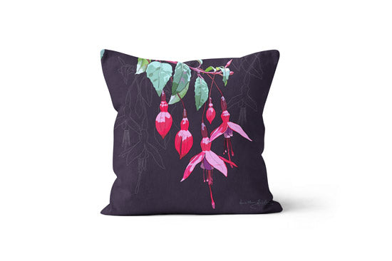 Fuchsia Twig cushion/pillow cover on a white background. Designed by Anne Harrington Rees.