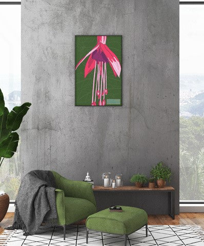 Colourful floral art gift – Pink, Purple and Green Fuchsia flower design tea towel framed as wall art. Designed by Anne Harrington Rees. Designed, printed and made in Ireland.