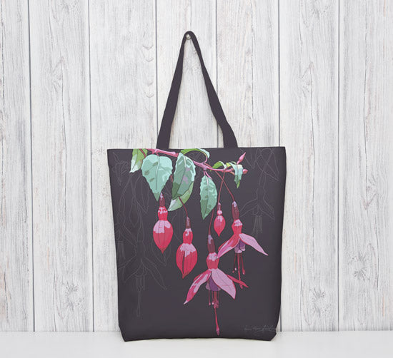 Fuchsia patterned tote bag. Purple, pink, red and green. Designed by Anne Harrington Rees