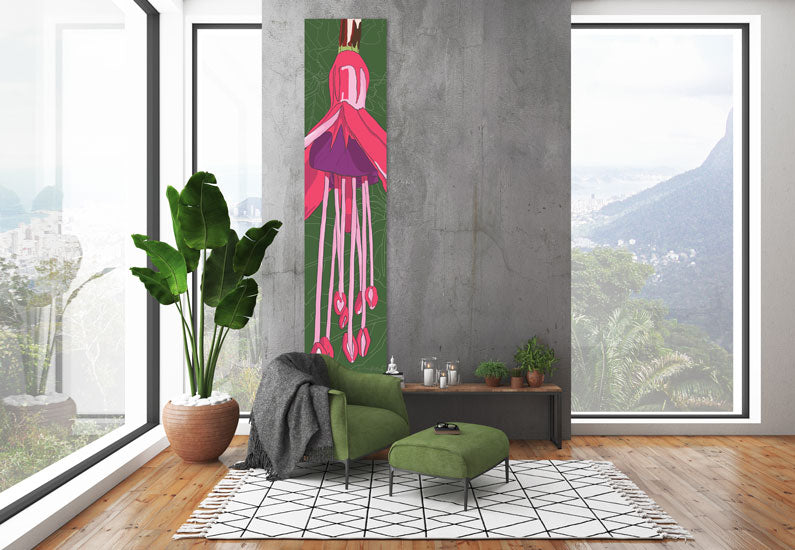 Photo of the Fuchsia wall hanging, designed by Anne Harrington Rees, in situ in a room.