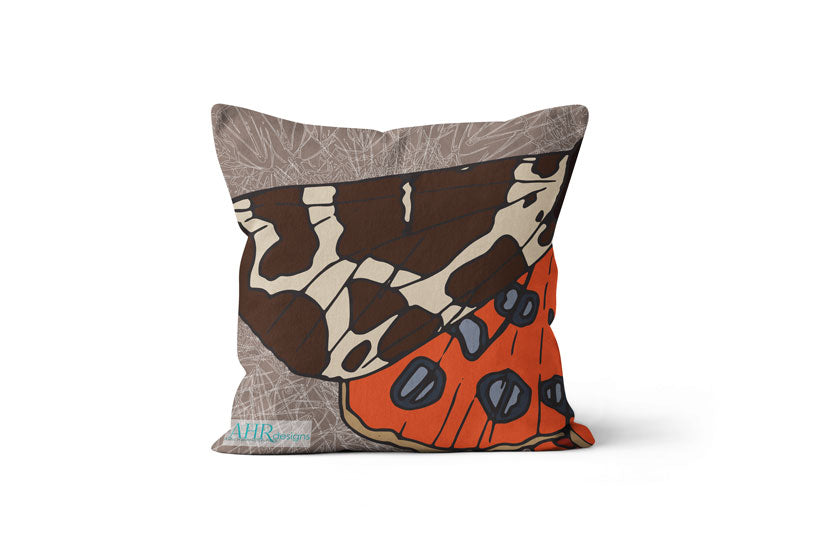 Colourful gift - Brown, Orange, Cream and Blue Garden Tiger Moth design cushion on white background. Designed by Anne Harrington Rees. Designed, printed and made in Ireland.