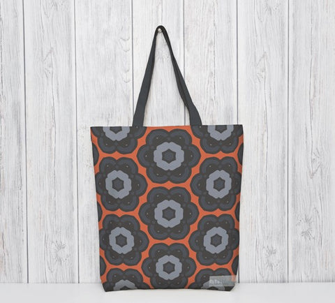 Patterned tote bag. Orange, blue, black. Designed by Anne Harrington Rees