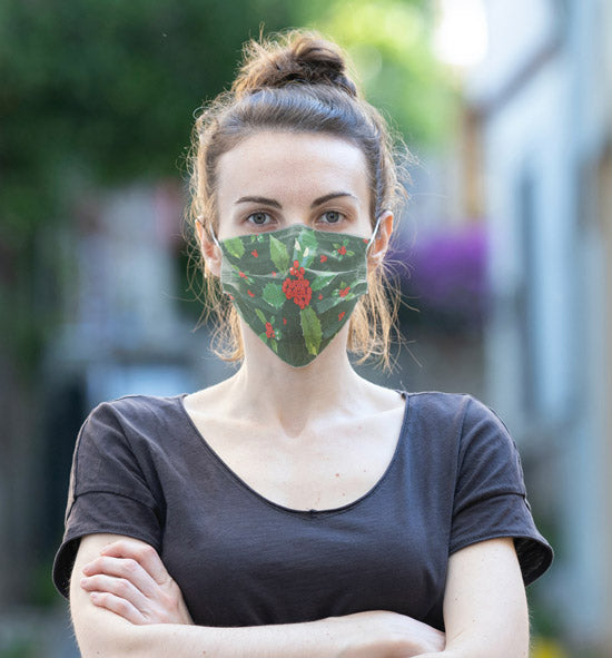 Woman wearing Anne Harrington Rees' Holly Face Mask