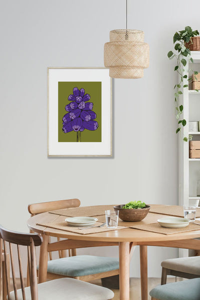 Muscari, Green background, Art Print, mounted and framed, hanging on a wall. Designed by Anne Harrington Rees. Designed, printed and made in Ireland.