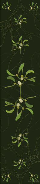 Mistletoe table runner designed by Anne Harrington Rees.  Symmetrical design of leaves and berries on a dark green background.