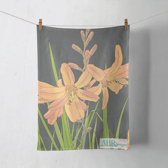 Colourful gift – Orange, Pink, Green and Grey Montbretia flower design tea towel hanging from clothesline, white background. Designed by Anne Harrington Rees. Designed, printed and made in Ireland.