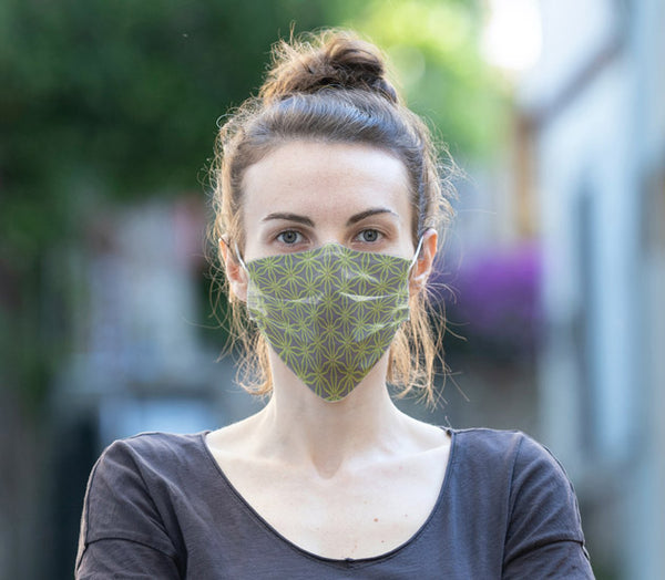 Woman wearing Anne Harrington Rees' Monty Face Mask
