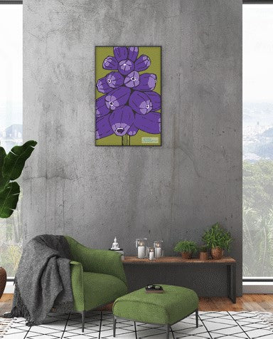 Colourful floral gift – Purple and Green Muscari flower design tea towel framed as wall art. Designed by Anne Harrington Rees. Designed, printed and made in Ireland.