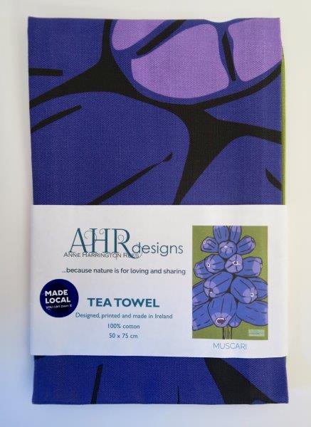 Muscari tea towel label front. Designed by Anne Harrington Rees. Designed, printed and made in Ireland.