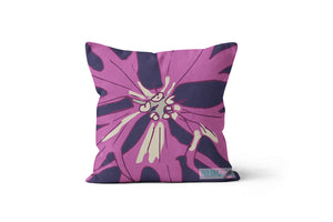 Colourful gift - Pink, Cream and Navy Ragged Robin flower design cushion on white background. Designed by Anne Harrington Rees. Designed, printed and made in Ireland.