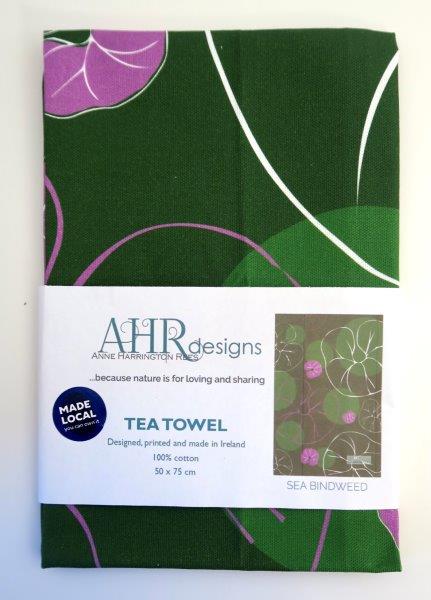 Sea Bindweed tea towel label front. Designed by Anne Harrington Rees. Designed, printed and made in Ireland.