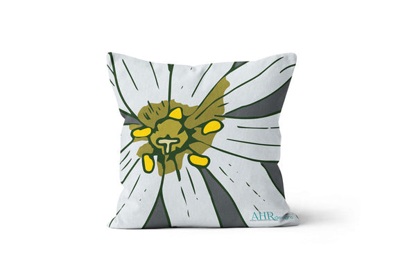 Colourful gift - White, Yellow, Green and Grey Stitchwort flower design cushion on white background. Designed by Anne Harrington Rees. Designed, printed and made in Ireland.