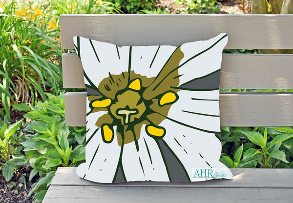 Colourful gift – White, Yellow, Green and Grey Stitchwort flower design cushion on garden bench. Designed by Anne Harrington Rees. Designed, printed and made in Ireland.