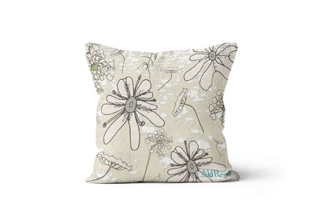 Colourful gift - Cream, Pink, Green and Grey Wild Carrot flower design cushion on white background. Designed by Anne Harrington Rees. Designed, printed and made in Ireland.