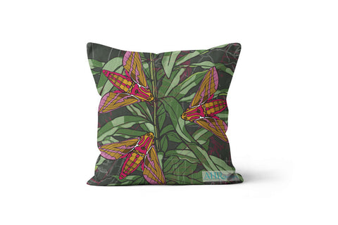 Green, Pink, Mustard, Yellow, White and Brown Willowherb Moths design cushion on white background. Designed by Anne Harrington Rees. Designed, printed and made in Ireland.